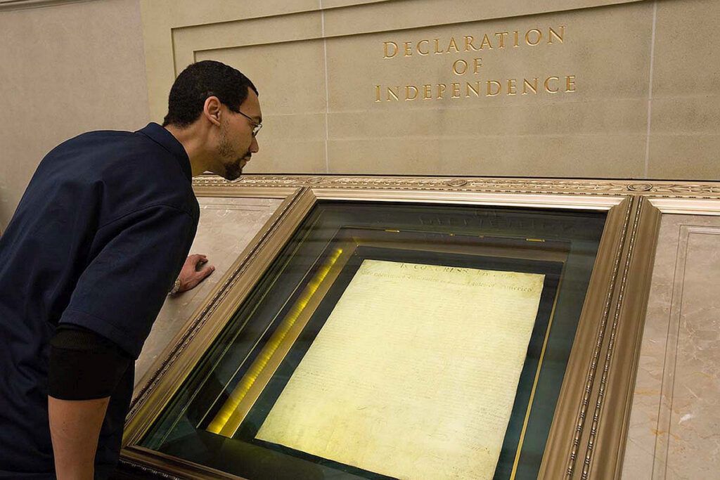 The Declaration of Independence behind glass