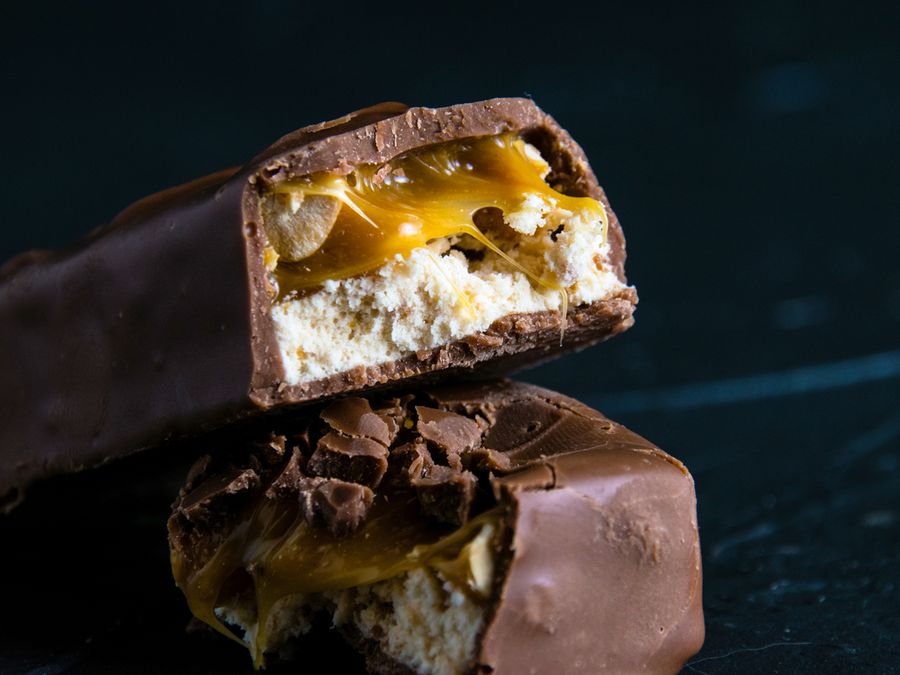 Cross-section of a candy bar with a thick nougat layer