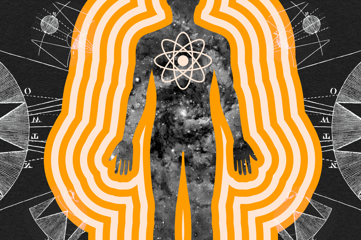 Illustration of person made of atoms