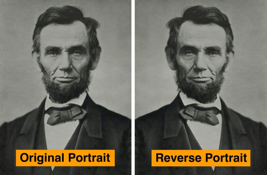 Side-by-side of Lincoln's portrait mirrored and unmirrored