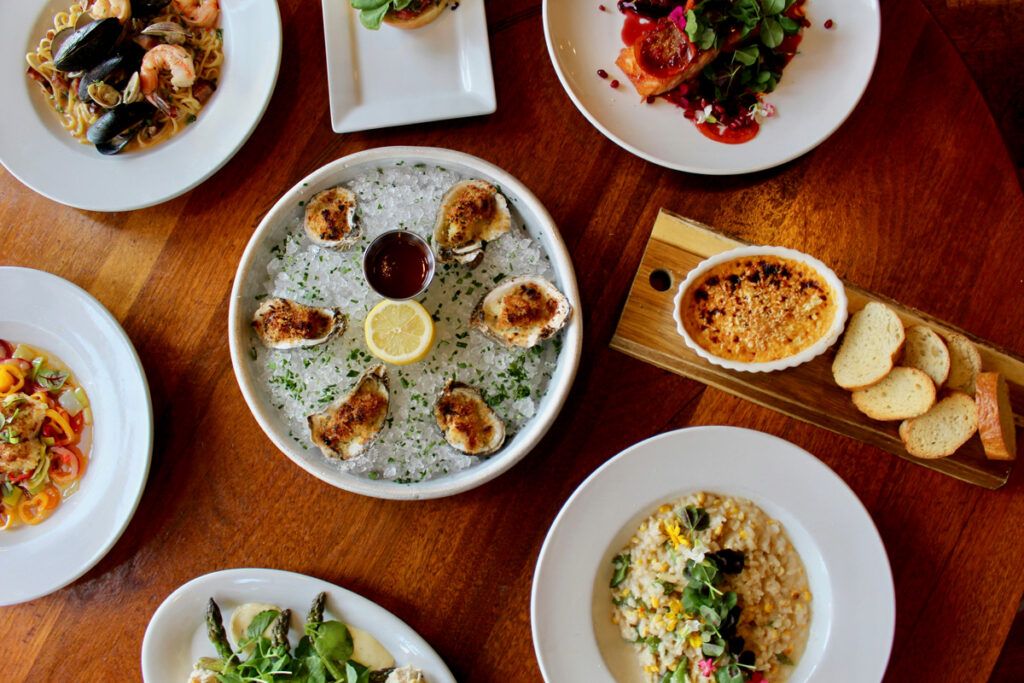 A top-down view of a meal on a table
